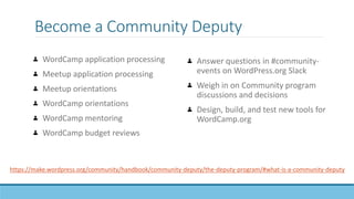 Community deputies are an
excellent way to contribute to
the WordPress project without
knowing how to code.
 