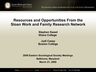 Resources and Opportunities From the Sloan Work and Family Research Network Stephen Sweet Ithaca College  Judi Casey Boston College 2009 Eastern Sociological Society Meetings Baltimore, Maryland March 21, 2009 