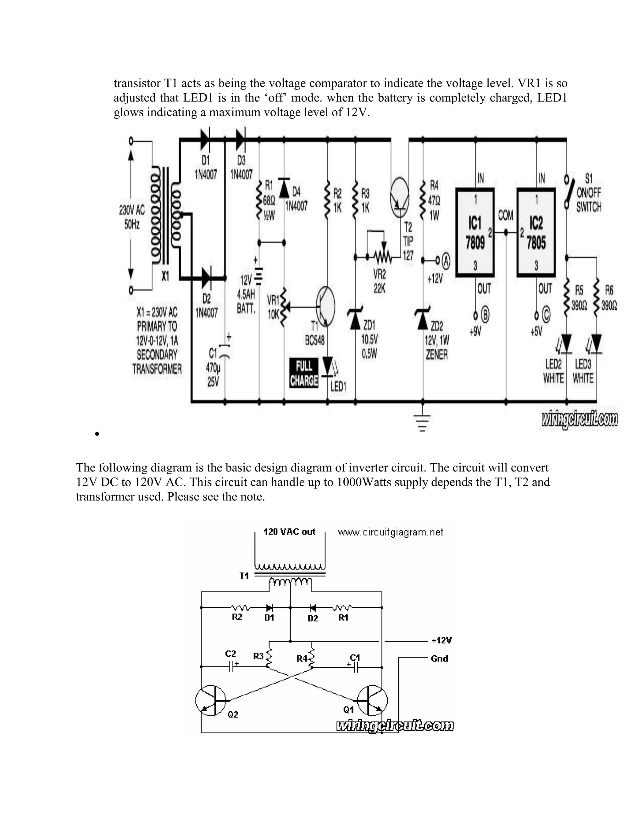 transistor T1 acts as being the voltage comparator to indicate the voltage level. VR1 is so
adjusted that LED1 is in the ‗off‘ mode. when the battery is completely charged, LED1
glows indicating a maximum voltage level of 12V.

The following diagram is the basic design diagram of inverter circuit. The circuit will convert
12V DC to 120V AC. This circuit can handle up to 1000Watts supply depends the T1, T2 and
transformer used. Please see the note.

 