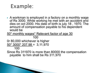  A workman is employed in a factory on a monthly wage
  of Rs 3000. While working he met with an accident and
  dies on o...
