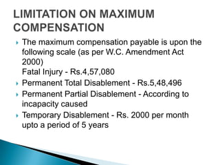    The maximum compensation payable is upon the
    following scale (as per W.C. Amendment Act
    2000)
    Fatal Injury...