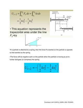 •If a particle is attached to a spring, then the force Fs exerted on the particle is opposite
to that exerted on the spring.

•The force will do negative work on the particle when the particle is moving so as to
further elongate (or compress) the spring.




                                                   Disediakan oleh SHAIFUL ZAMRI, JKM, POLIMAS
 