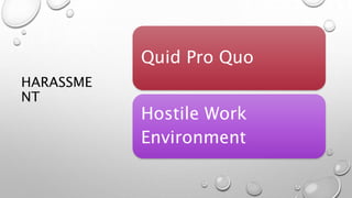 HARASSME
NT
Quid Pro Quo
Hostile Work
Environment
 