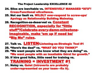 24. Silos are inevitable vs.24. Silos are inevitable vs. INTENSIVELY MANAGEDINTENSIVELY MANAGED
“XFX”/“XFX”/
Cross-Functional eXcellence.Cross-Functional eXcellence.
25. Not our fault vs25. Not our fault vs . WILDLY over-respond to screw-. WILDLY over-respond to screw-
ups/ups/
Apology as Relationship Building Mainstay.Apology as Relationship Building Mainstay.
26. Recognition-as-deserved vs.26. Recognition-as-deserved vs. ConstantConstant
RECOGNITION, esRECOGNITION, es ppecialleciall yy for “littlefor “little
stuff”/Celebrate-everstuff”/Celebrate-ever yy-damn-milestone-damn-milestone --
imaimagginable, make ’em uinable, make ’em u pp if need be/if need be/
““Big Mo” rulesBig Mo” rules ..
27. Talk vs.27. Talk vs. LISTENLISTEN/Listening-as-Strategic Tool/Listening-as-Strategic Tool
#1#1
28. “Here’s the deal” vs.28. “Here’s the deal” vs. “WHAT DO YOU THINK?”“WHAT DO YOU THINK?”
29. “We want people who know what they are29. “We want people who know what they are
doing” vs.doing” vs.
““ We want people with an insatiable thirst forWe want people with an insatiable thirst for
growth.”growth.”
30. If hire good folks, little need for training vs.30. If hire good folks, little need for training vs.
TRAININGTRAINING == INVESTMENTINVESTMENT ##11
 