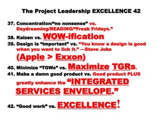 The Project Leadership EXCELLENCE
4242
37. Concentration/“no nonsense”37. Concentration/“no nonsense” vs.vs.
Daydreaming/READING/“Freak Fridays.”Daydreaming/READING/“Freak Fridays.”
38. Kaizen vs.38. Kaizen vs. WOWWOW-ification-ification
39. Design is “important” vs.39. Design is “important” vs. “You know a design is“You know a design is
goodgood
when you want to lick it.” —Steve Jobswhen you want to lick it.” —Steve Jobs
((AApppplele >> ExxonExxon))
40. Minimize “TGWs” vs.40. Minimize “TGWs” vs. MaximizeMaximize
TGRTGRss..
41. Make a damn good product vs.41. Make a damn good product vs. Good productGood product
PLUSPLUS
greatly enhance thegreatly enhance the ““INTEGRATEDINTEGRATED
SERVICESSERVICES ENVELOPEENVELOPE.”.”
 