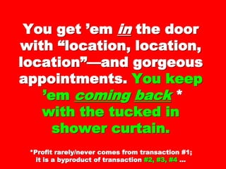 You get ’emYou get ’em inin thethe
door with “location,door with “location,
location, location”—location, location”—
and gorgeousand gorgeous
appointments.appointments. YouYou
keepkeep
’em’em comincomingg backback **
with the tucked inwith the tucked in
shower curtain.shower curtain.
 