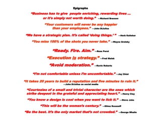 EpigraphsEpigraphs
““Business has to give people enriching, rewarding lives …Business has to give people enriching, rewarding lives …
or it's simply not worth doing.”or it's simply not worth doing.” —Richard Branson—Richard Branson
““Your customers will never be any happierYour customers will never be any happier
than your employees.”than your employees.” —John DiJulius—John DiJulius
““We have a strategic plan. It’s called ‘doing things.’ ”We have a strategic plan. It’s called ‘doing things.’ ” —Herb Kelleher—Herb Kelleher
““You miss 100% of the shots you never take.”You miss 100% of the shots you never take.” —Wayne—Wayne GretzkyGretzky
““Ready. Fire. Aim.”Ready. Fire. Aim.” —Ross Perot—Ross Perot
““ExecutionExecution isis strategy.”strategy.” —Fred Malek—Fred Malek
““Avoid moderation.”Avoid moderation.” —Kevin Roberts—Kevin Roberts
““I’m not comfortable unless I’m uncomfortable.”I’m not comfortable unless I’m uncomfortable.” —Jay Chiat—Jay Chiat
““It takes 20 years to build a reputation and five minutes to ruin it.”It takes 20 years to build a reputation and five minutes to ruin it.”
——John DiJulius on social mediaJohn DiJulius on social media
““Courtesies of a small and trivial character are the ones whichCourtesies of a small and trivial character are the ones which
strike deepest in the grateful and appreciating heart.”strike deepest in the grateful and appreciating heart.” —Henry Clay—Henry Clay
““You know a design is cool when you want to lick it.”You know a design is cool when you want to lick it.” —Steve Jobs—Steve Jobs
““This will be the women’s century.”This will be the women’s century.” —Dilma Rousseff—Dilma Rousseff
““Be the best. It’s the only market that’s not crowded.”Be the best. It’s the only market that’s not crowded.” —George Whalin—George Whalin
 
