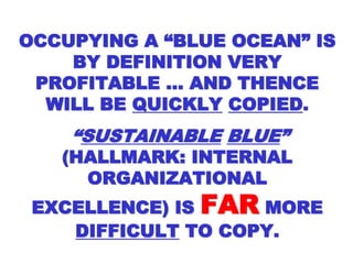 OCCUPYING A “BLUEOCCUPYING A “BLUE
OCEAN” IS BY DEFINITIONOCEAN” IS BY DEFINITION
VERY PROFITABLE … ANDVERY PROFITABLE … AND
THENCE WILL BETHENCE WILL BE QUICKLYQUICKLY
COPIEDCOPIED..
““SUSTAINABLESUSTAINABLE BLUEBLUE””
(HALLMARK: INTERNAL(HALLMARK: INTERNAL
ORGANIZATIONALORGANIZATIONAL
EXCELLENCE) ISEXCELLENCE) IS FARFAR
MOREMORE DIFFICULTDIFFICULT TO COPY.TO COPY.
 