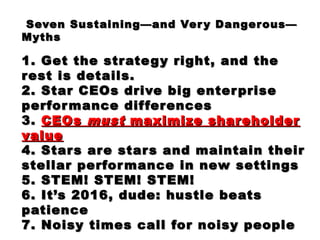 Seven Sustaining—and Very Dangerous—Seven Sustaining—and Very Dangerous—
MythsMyths
1. Get the strategy right, and the1. Get the strategy right, and the
rest is details.rest is details.
2. Star CEOs drive big enterprise2. Star CEOs drive big enterprise
performance differencesperformance differences
3.3. CEOsCEOs mustmust maximize shareholdermaximize shareholder
valuevalue
4. Stars are stars and maintain their4. Stars are stars and maintain their
stellar performance in new settingsstellar performance in new settings
5. STEM! STEM! STEM!5. STEM! STEM! STEM!
6. It’s 2016, dude: hustle beats6. It’s 2016, dude: hustle beats
patiencepatience
7. Noisy times call for noisy people7. Noisy times call for noisy people
 