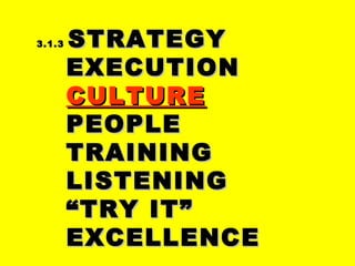 3.1.33.1.3 STRATEGYSTRATEGY
EXECUTIONEXECUTION
CULTURECULTURE
PEOPLEPEOPLE
TRAININGTRAINING
LISTENINGLISTENING
““TRY IT”TRY IT”
EXCELLENCEEXCELLENCE
 