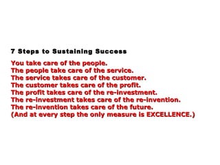 7 Steps to Sustaining Success7 Steps to Sustaining Success
You take care of the people.You take care of the people.
The people take care of the service.The people take care of the service.
The service takes care of the customer.The service takes care of the customer.
The customer takes care of the profit.The customer takes care of the profit.
The profit takes care of the re-investment.The profit takes care of the re-investment.
The re-investment takes care of the re-invention.The re-investment takes care of the re-invention.
The re-invention takes care of the future.The re-invention takes care of the future.
(And at every step the only measure is EXCELLENCE.)(And at every step the only measure is EXCELLENCE.)
 
