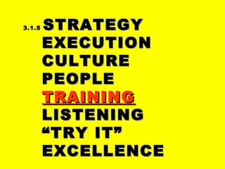 3.1.53.1.5 STRATEGYSTRATEGY
EXECUTIONEXECUTION
CULTURECULTURE
PEOPLEPEOPLE
TRAININGTRAINING
LISTENINGLISTENING
““TRY IT”TRY IT”
EXCELLENCEEXCELLENCE
 