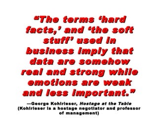 ““The terms ‘hardThe terms ‘hard
facts,’ and ‘the softfacts,’ and ‘the soft
stuff ’ used instuff ’ used in
business imply thatbusiness imply that
data are somehowdata are somehow
real and strong whilereal and strong while
emotions are weakemotions are weak
and less important.”and less important.”
—George Kohlrieser,—George Kohlrieser, Hostage at the TableHostage at the Table
(Kohlrieser is a hostage negotiator and professor(Kohlrieser is a hostage negotiator and professor
of management)of management)
 