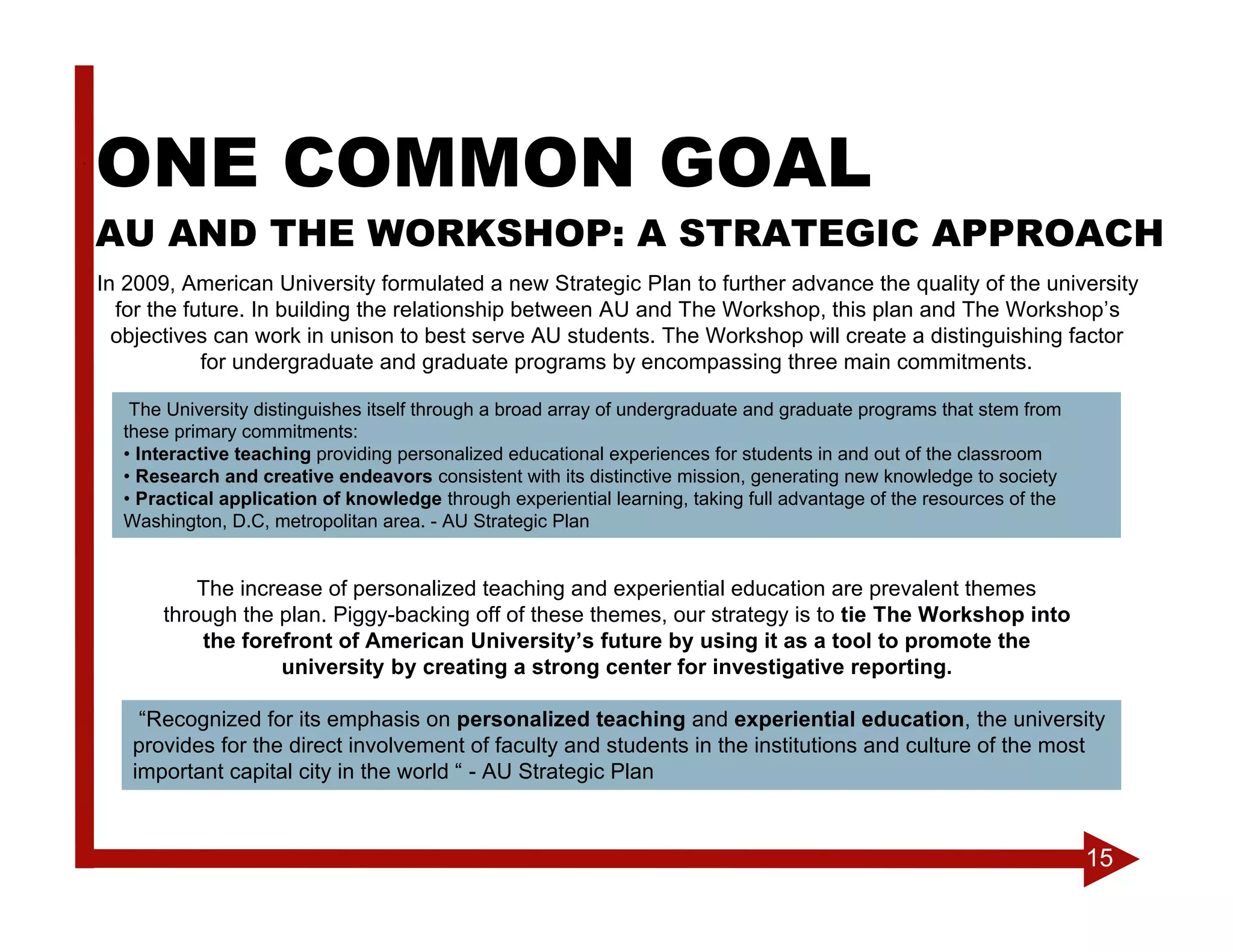ONE COMMON GOAL
AU AND THE WORKSHOP: A STRATEGIC APPROACH
In 2009, American University formulated a new Strategic Plan to further advance the quality of the university
  for the future. In building the relationship between AU and The Workshop, this plan and The Workshop’s
  objectives can work in unison to best serve AU students. The Workshop will create a distinguishing factor
            for undergraduate and graduate programs by encompassing three main commitments.

   The University distinguishes itself through a broad array of undergraduate and graduate programs that stem from
  these primary commitments:
  • Interactive teaching providing personalized educational experiences for students in and out of the classroom
  • Research and creative endeavors consistent with its distinctive mission, generating new knowledge to society
  • Practical application of knowledge through experiential learning, taking full advantage of the resources of the
  Washington, D.C, metropolitan area. - AU Strategic Plan


          The increase of personalized teaching and experiential education are prevalent themes
      through the plan. Piggy-backing off of these themes, our strategy is to tie The Workshop into
          the forefront of American University’s future by using it as a tool to promote the
                   university by creating a strong center for investigative reporting.

    “Recognized for its emphasis on personalized teaching and experiential education, the university
   provides for the direct involvement of faculty and students in the institutions and culture of the most
   important capital city in the world “ - AU Strategic Plan



                                                                                                                      15
 