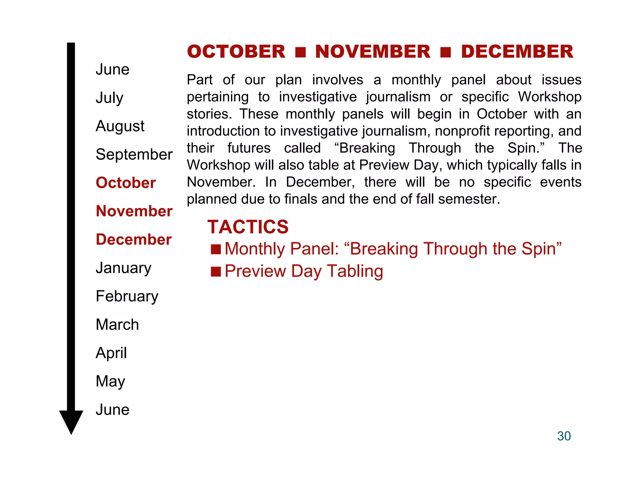 OCTOBER  NOVEMBER  DECEMBER
June
          Part of our plan involves a monthly panel about issues
July      pertaining to investigative journalism or specific Workshop
          stories. These monthly panels will begin in October with an
August    introduction to investigative journalism, nonprofit reporting, and
September their futures called “Breaking Through the Spin.” The
          Workshop will also table at Preview Day, which typically falls in
October   November. In December, there will be no specific events
          planned due to finals and the end of fall semester.
November
                 TACTICS
December
                 Monthly Panel: “Breaking Through the Spin”
January          Preview Day Tabling
February
March
April
May
June
                                                                        30
 
