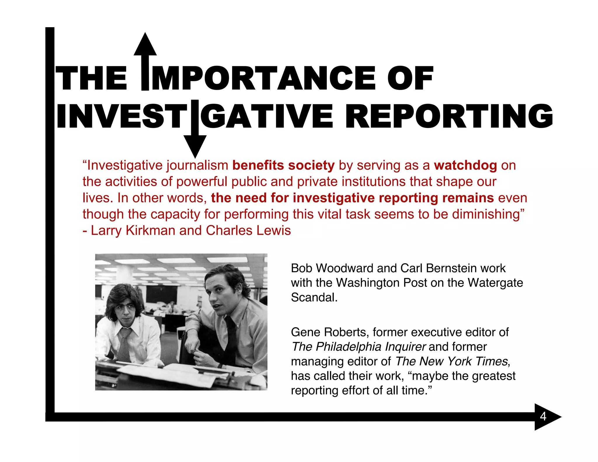 THE IMPORTANCE OF
INVESTIGATIVE REPORTING
 “Investigative journalism benefits society by serving as a watchdog on
 the activities of powerful public and private institutions that shape our
 lives. In other words, the need for investigative reporting remains even
 though the capacity for performing this vital task seems to be diminishing”
 - Larry Kirkman and Charles Lewis

                                    Bob Woodward and Carl Bernstein work
                                    with the Washington Post on the Watergate
                                    Scandal.

                                    Gene Roberts, former executive editor of
                                    The Philadelphia Inquirer and former
                                    managing editor of The New York Times,
                                    has called their work, “maybe the greatest
                                    reporting effort of all time.”

                                                                                 4
 