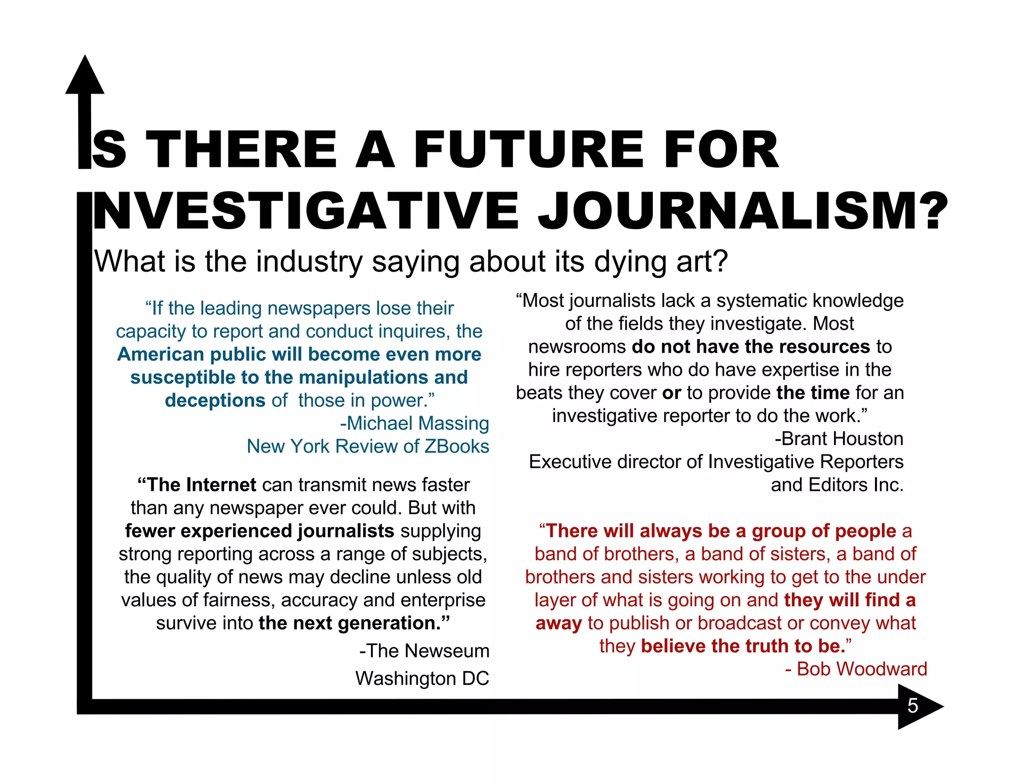 IS THERE A FUTURE FOR
INVESTIGATIVE JOURNALISM?
What is the industry saying about its dying art?
    “If the leading newspapers lose their       “Most journalists lack a systematic knowledge
 capacity to report and conduct inquires, the         of the fields they investigate. Most
 American public will become even more           newsrooms do not have the resources to
  susceptible to the manipulations and           hire reporters who do have expertise in the
       deceptions of those in power.”           beats they cover or to provide the time for an
                           -Michael Massing         investigative reporter to do the work.”
                  New York Review of ZBooks                                      -Brant Houston
                                                 Executive director of Investigative Reporters
    “The Internet can transmit news faster                                       and Editors Inc.
   than any newspaper ever could. But with
  fewer experienced journalists supplying          “There will always be a group of people a
 strong reporting across a range of subjects,     band of brothers, a band of sisters, a band of
  the quality of news may decline unless old     brothers and sisters working to get to the under
 values of fairness, accuracy and enterprise      layer of what is going on and they will find a
      survive into the next generation.”          away to publish or broadcast or convey what
                              -The Newseum                they believe the truth to be.”
                              Washington DC                                     - Bob Woodward
                                                                                                    5
 