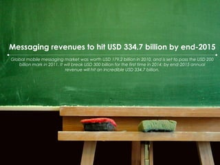 Messaging revenues to hit USD 334.7 billion by end-2015Global mobile messaging market was worth USD 179.2 billion in 2010, and is set to pass the USD 200 billion mark in 2011. It will break USD 300 billion for the first time in 2014; by end-2015 annual revenue will hit an incredible USD 334.7 billion.