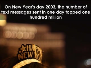 On New Year's day 2003, the number of text messages sent in one day topped one hundred million 