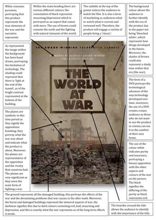 White connotes
pureness,
portraying that
this product
represents the
true elements of
the war and the
narrative
represents
accurate meaning.

Within the main heading there are
The subtitle at the top of the
various different colours; the
poster entices the audience to
Textual Analysis - ‘The World At It is also a form
War’
connotation of black represents
watch the film.
mourning/depression which is
of marketing as audiences what
portrayed as an aspect that comes
to watch what is current and
with more. The use of brown could
reviewed well. Therefore, the
connote the earth and the fighting
product will engage a variety of
with natural elements of the world.
people being a ‘classic’.

As represented
the image within
the background
has been hand
drawn, portraying
the limitation of
technology. The
shading could
represent that
there is ‘light at
the end of the
tunnel’, as of the
bright contrast
represented at the
bottom of the
building.
The planes are
symbolic to this
time period as
they signify the
oppositions
bombing; they
portray what the
war was about
and indicate what
the product is
about. Moreover,
the planes are
representative of
the opposition
and the rivalry
that countries had.
The planes are
very significant as
they were the
main form of
fighting a war.
The ground represents all the damaged building; this portrays the effects of the
war and the devastating problems that war causes in the after math. Moreover,
the burnt and damaged buildings represent the immoral aspects of war, the
darkness signifies this due to dark colours connoting evil, bad, mourning and
depression, and this is exactly what the war represents as of the long term effects
it needs.

The background
colour allows the
audience to
further identify
with the era of
the product due
to the paper not
being ‘bleached
white’, which
represents how
things developed
in the future.
Moreover, the
shades of brown
could also
represent a shady
time within that
era (the war).
The form of a
DVD portrays the
technological
advances of the
way technology
developed over
time; moreover,
the use of a DVD
creates a mass
audience as those
who do not want
to see the product
in cinema can see
it in the comfort
of their own
home.
The use of the
colour white
indicates purity
and innocence,
portraying a
binary opposition
with the other
aspects and
colours of the war
on the picture.
The black
signifies the
differing of the
purity as black
represents evil.

The boarder around the title
allows the audience to identify
with the importance of the title.

 