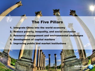 The Five Pillars
1. Integrate China into the world economy
2. Reduce poverty, inequality, and social exclusion
3. Resource management and environmental challenges
4. Development of capital markets
5. Improving public and market institutions




                                                 World Bank
                                                 A World Free of Poverty
 