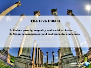 The Five Pillars
1. Integrate China into the world economy
2. Reduce poverty, inequality, and social exclusion
3. Resource management and environmental challenges
4. Development of capital markets
5. Improving public and market institutions




                                                 World Bank
                                                 A World Free of Poverty
 