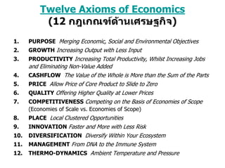 Twelve Axioms of Economics
           (12 กฎเกณฑดานเศรษฐกิจ)
1.    PURPOSE Merging Economic, Social and Environmental Objectives
2.    GROWTH Increasing Output with Less Input
3.    PRODUCTIVITY Increasing Total Productivity, Whilst Increasing Jobs
      and Eliminating Non-Value Added
4.    CASHFLOW The Value of the Whole is More than the Sum of the Parts
5.    PRICE Allow Price of Core Product to Slide to Zero
6.    QUALITY Offering Higher Quality at Lower Prices
7.    COMPETITIVENESS Competing on the Basis of Economies of Scope
      (Economies of Scale vs. Economies of Scope)
8.    PLACE Local Clustered Opportunities
9.    INNOVATION Faster and More with Less Risk
10.   DIVERSIFICATION Diversify Within Your Ecosystem
11.   MANAGEMENT From DNA to the Immune System
12.   THERMO-DYNAMICS Ambient Temperature and Pressure
 
