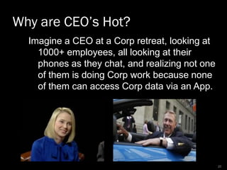 Why are CEO’s Hot?
Imagine a CEO at a Corp retreat, looking at
1000+ employees, all looking at their
phones as they chat, ...