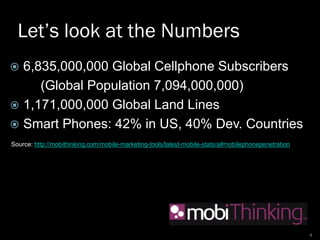 Let’s look at the Numbers
 6,835,000,000 Global Cellphone Subscribers
(Global Population 7,094,000,000)
 1,171,000,000 G...