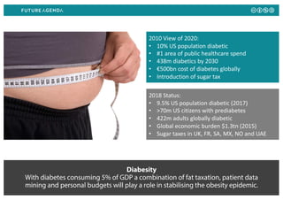 Diabesity
With diabetes consuming 5% of GDP a combination of fat taxation, patient data
mining and personal budgets will p...