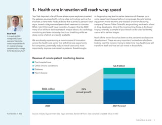 THE WORLD IN 2030   ·  1
Star Trek depicted a far-off future where space explorers traveled
the galaxies equipped with cutting edge technology such as the
tricorder, a hand-held medical device that scanned a person’s vital
signs, issued a diagnosis and prescribed treatment in minutes.
While I don’t think we’ll have tricorders, I suspect that by 2030
many of us will have devices that will analyze blood, do cardiology
monitoring and even remotely check our breathing while we
sleep, some of which are readily available.
We are already experiencing a massive wave of innovation
across the health care sector that will drive new opportunity
for companies, potentially reduce overall costs and, most
importantly, improve outcomes for patients. Breakthroughs
in diagnostics may lead to earlier detection of illnesses, or in
some cases treat disease before it progresses. Genetic testing
equipment maker Illumina and research and manufacturing
company Thermo Fisher Scientific are providing services to a host
of drug developers. One of the most exciting things is the liquid
biopsy, whereby a sample of your blood can be used to identify
cancer at its earliest stages.
Much of the recent focus has been on the pandemic and vaccine
development. These are very important, but we have also been
looking over the horizon, trying to determine how health care will
transform itself and how we can invest in those shifts.
1. Health care innovation will reach warp speed
Rich Wolf
is an equity portfolio
manager with 23 years
experience.
* He also has
research responsibilities for
U.S. medical technology
companies and is a manager
for The New Economy Fund.®
2020 2024 forecast
Heart disease
Diabetes
Other chronic conditions
Post-hospital care
$866 million
$2.4 billion
29%
annual growth
Sources: Industry & government data, Kagan estimates, Standard & Poor’s. Data compiled June 2020. Values in USD.
Revenue of remote patient monitoring devices
*As of December 31, 2020.
 