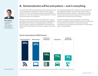 THE WORLD IN 2030   ·  5
4.  Semiconductors will be everywhere — and in everything
Steve Watson
is an equity portfolio
manager with
33 years experience.*
He is a manager for
New Perspective Fund.
Source: Bloomberg. Data represents the share of all semiconductor device applications in 2025, as forecast by Bloomberg.
34% 32%
14%
9%
11%
Communications PC/Computer
Consumer
electronics
Industrial/
Government
Automotive
It’s said that only 10% of everything that can be measured is being
measured today. But I wouldn’t be surprised if it was actually
closer to 1%. I think one thing that’s going to be vastly different a
decade from now is the penetration of semiconductors to monitor
many more aspects of our daily lives.
Most of this will be through products we already have — phones
and tablets, automobiles, entertainment systems and appliances.
Wearables are becoming more sophisticated and will help us
track our workouts, sleep and overall health. These devices will
feel familiar, but we’ll be able to use them in ways we never could
before.
Cars are being equipped with more electronics every year. The
recent global shortage in automotive chips underscores the
dependence the industry now has on chipmakers. As vehicles
become autonomous, they will require even more advanced
components to make them safe and efficient.
Over the next decade, I expect chipmakers to be working
overtime to satisfy the robust demand for semis across industries.
In my portfolios I’m interested in companies that may be
misunderstood by the market but are working on transformative
ideas to change daily life.
*As of December 31, 2020.
Uses for semiconductors (2025 forecast)
 