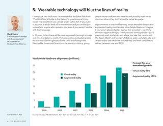 6  ·  THE WORLD IN 2030
For my look into the future, I’m reminded of the Babel Fish from
“The Hitchhiker’s Guide to the Galaxy,” a great science fiction
novel. The Babel Fish was a small, bright yellow fish. If you put it
in your ear, it would feed off brainwaves around you and let you
understand anyone who spoke to you, even if you weren’t familiar
with their language.
In 10 years, I think there will be devices powerful enough to make
real-time translation a reality. Perhaps wireless earbuds translate
the voices and smart glasses do the same with foreign text.
Devices like these could transform the tourism industry, giving
people more confidence to travel to and possibly even live in
countries where they don’t know the native language.
Improvements in machine learning, smart wearable devices and
augmented reality could enable other helpful features. Imagine
if your smart glasses had an overlay that provided — each time
someone approached you — that person’s name (provided you’d
previously met), and when and where you saw that person last.
The Apple Watch and Google’s Fitbit are quite useful already, and
I’m excited to see what new features they and their competitors
deliver between now and 2030.
5.  Wearable technology will blur the lines of reality
Mark Casey
is an equity portfolio manager
with 20 years experience.
*
He is a manager for
The Growth Fund of America.
Source: IDC (report #US47225121). 2021-2025 are forecasts from IDC, as of January 2021.
0
5
10
15
20
25
30
2020 2021 2022 2023 2024 2025
Virtual reality
Augmented reality
Forecast ﬁve-year
annualized growth:
Augmented reality 136%
Virtual reality 46%
Worldwide hardware shipments (millions)
*As of December 31, 2020.
 