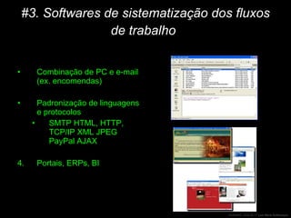 #3. Softwares de sistematização dos fluxos de trabalho   Combinação de PC e e-mail (ex. encomendas) Padronização de linguagens e protocolos SMTP HTML, HTTP, TCP/IP XML JPEG PayPal AJAX Portais, ERPs, BI 