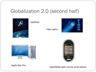 Globalization 2.0 (second half)
OpenMoko open source smart phone
Satellites
Apple Mac Pro
Fiber optics
 