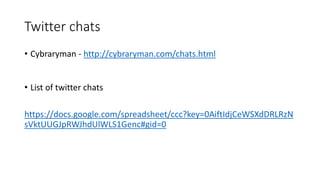 Twitter chats
• Cybraryman - http://cybraryman.com/chats.html
• List of twitter chats
https://docs.google.com/spreadsheet/ccc?key=0AiftIdjCeWSXdDRLRzN
sVktUUGJpRWJhdUlWLS1Genc#gid=0
 