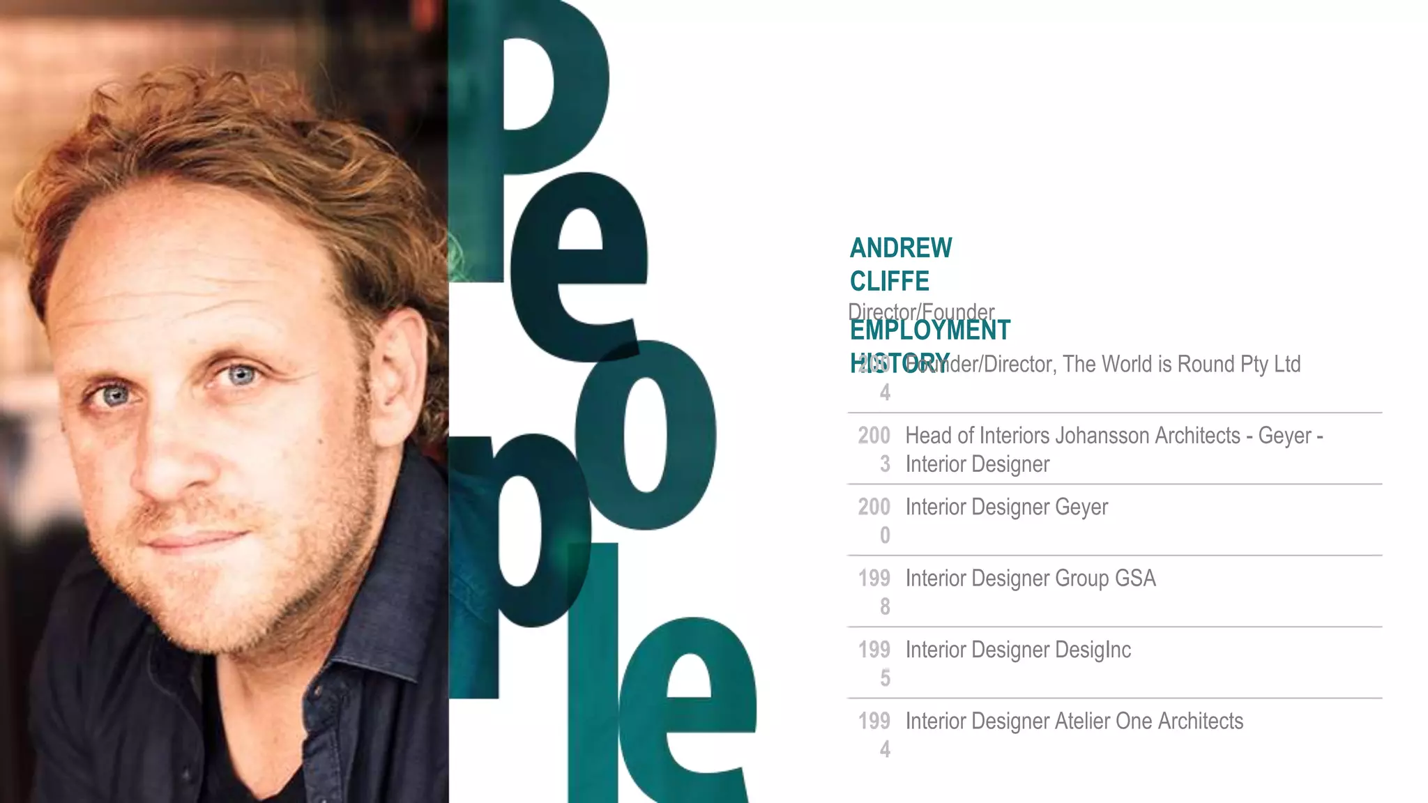 ANDREW
CLIFFE
Director/Founder
EMPLOYMENT
HISTORY200
4
Founder/Director, The World is Round Pty Ltd
200
3
Head of Interiors Johansson Architects - Geyer -
Interior Designer
200
0
Interior Designer Geyer
199
8
Interior Designer Group GSA
199
5
Interior Designer DesigInc
199
4
Interior Designer Atelier One Architects
 