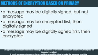 METHODS OF ENCRYPTION BASED ON PRIVACY
•a message may be digitally signed, but not
encrypted
•a message may be encrypted first, then
digitally signed
•a message may be digitally signed first, then
encrypted
Encryption scrambles or modifies a message or document so it cannot be read and understood, except by the intended recipient.
A key is necessary to reverse the scrambling or modification, to make the message readable.
 