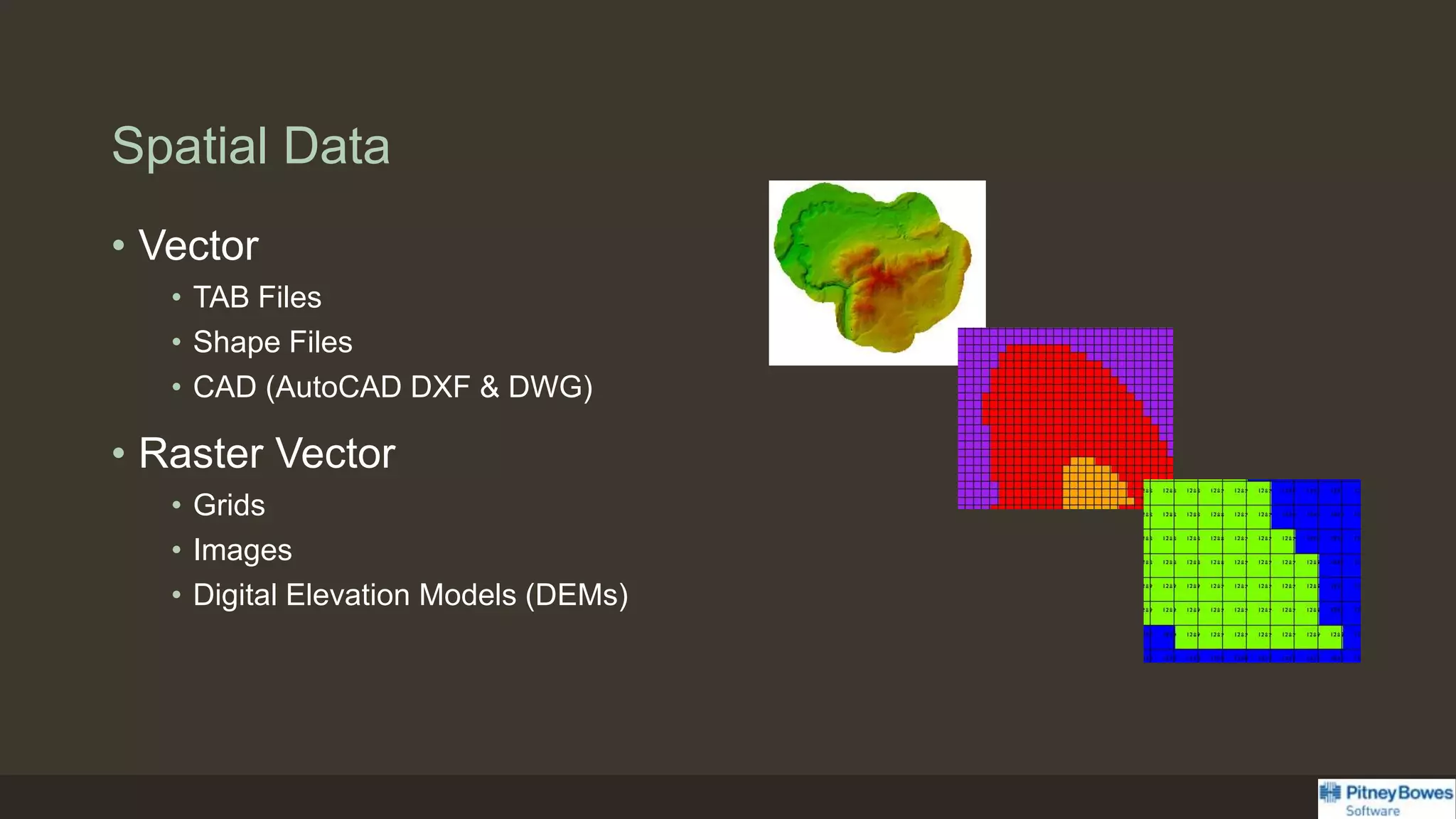 Spatial Data
• Vector
• TAB Files
• Shape Files
• CAD (AutoCAD DXF & DWG)
• Raster Vector
• Grids
• Images
• Digital Elevation Models (DEMs)
 