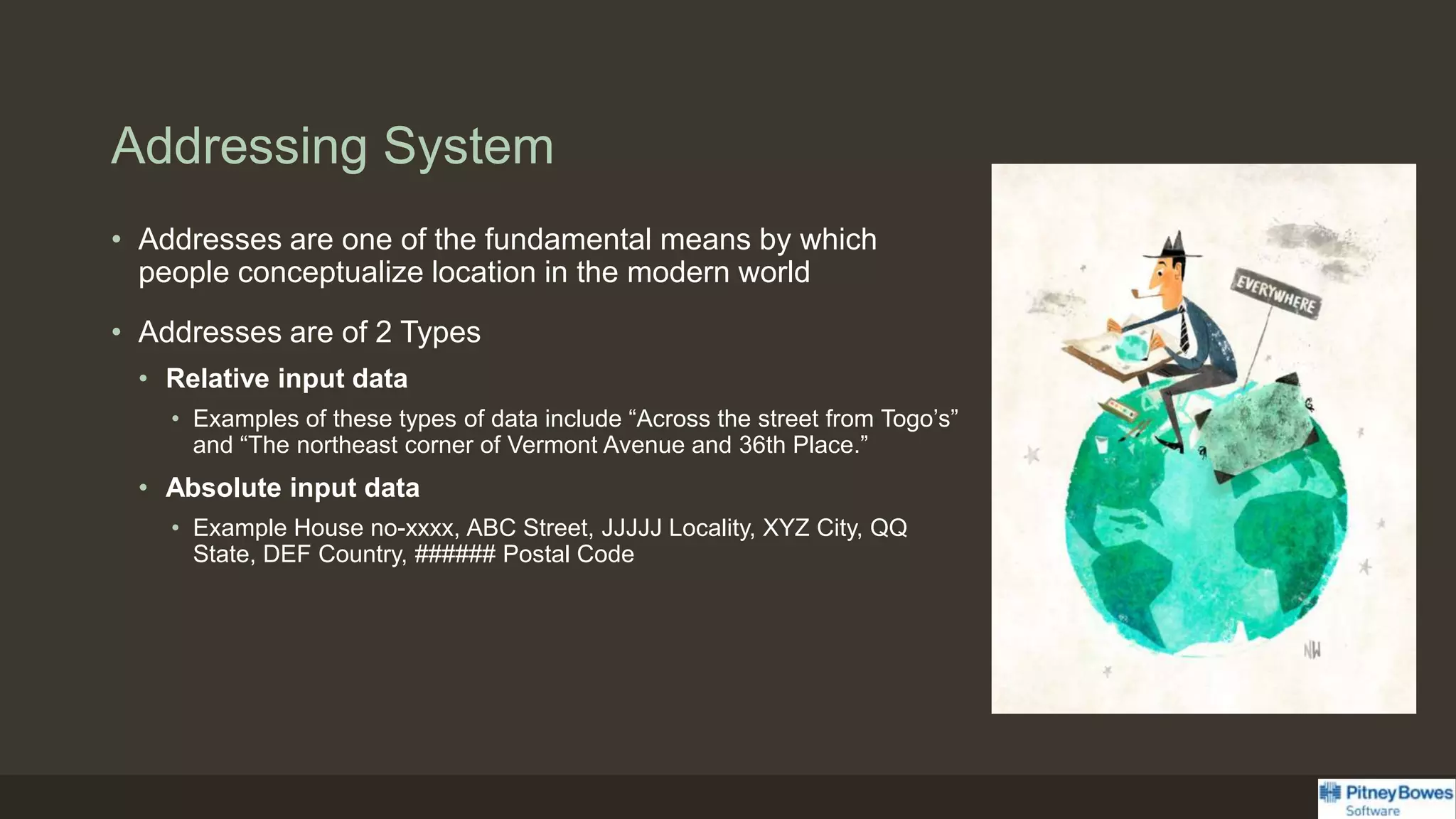 Addressing System
• Addresses are one of the fundamental means by which
people conceptualize location in the modern world
• Addresses are of 2 Types
• Relative input data
• Examples of these types of data include “Across the street from Togo’s”
and “The northeast corner of Vermont Avenue and 36th Place.”
• Absolute input data
• Example House no-xxxx, ABC Street, JJJJJ Locality, XYZ City, QQ
State, DEF Country, ###### Postal Code
 
