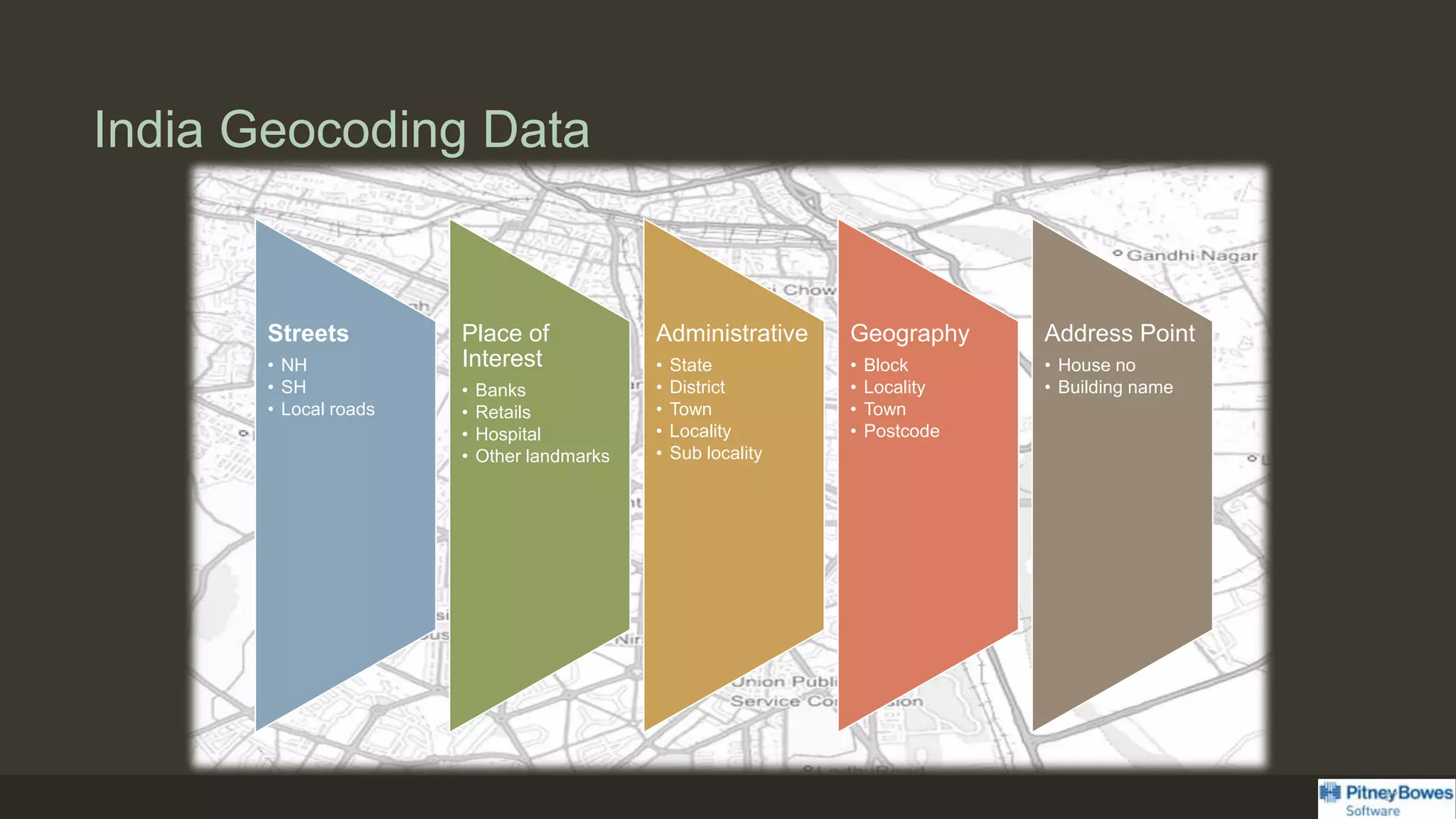 India Geocoding Data
27
Streets
• NH
• SH
• Local roads
Place of
Interest
• Banks
• Retails
• Hospital
• Other landmarks
Administrative
• State
• District
• Town
• Locality
• Sub locality
Geography
• Block
• Locality
• Town
• Postcode
Address Point
• House no
• Building name
 