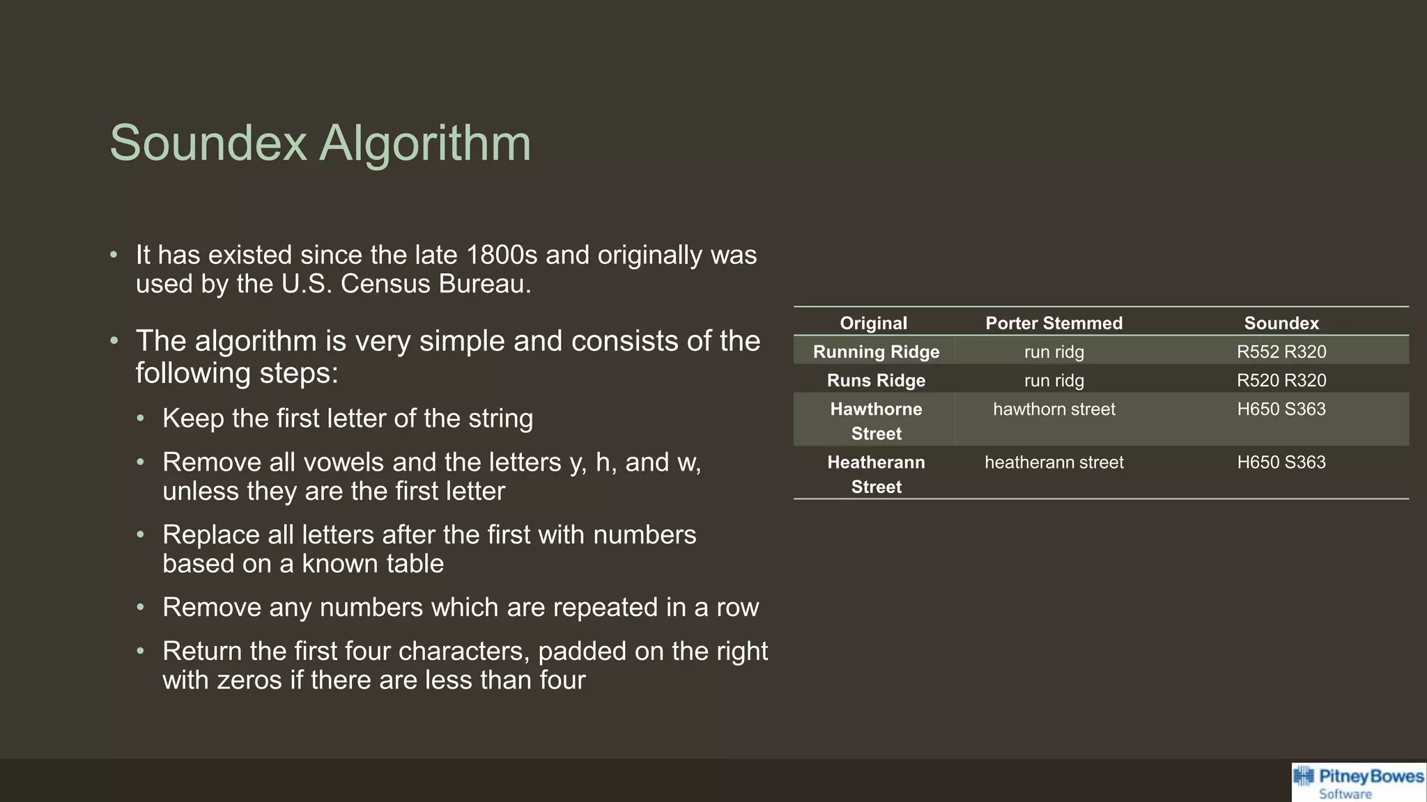 Soundex Algorithm
• It has existed since the late 1800s and originally was
used by the U.S. Census Bureau.
• The algorithm is very simple and consists of the
following steps:
• Keep the first letter of the string
• Remove all vowels and the letters y, h, and w,
unless they are the first letter
• Replace all letters after the first with numbers
based on a known table
• Remove any numbers which are repeated in a row
• Return the first four characters, padded on the right
with zeros if there are less than four
Original Porter Stemmed Soundex
Running Ridge run ridg R552 R320
Runs Ridge run ridg R520 R320
Hawthorne
Street
hawthorn street H650 S363
Heatherann
Street
heatherann street H650 S363
 