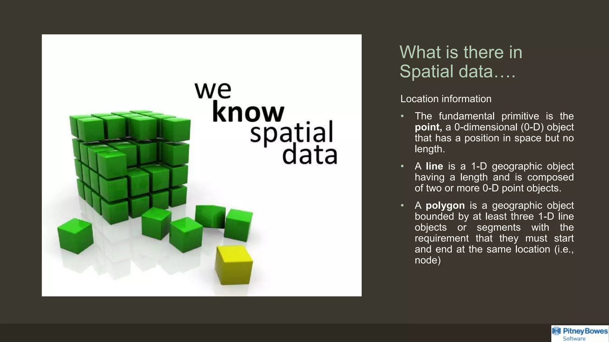 What is there in
Spatial data….
Location information
• The fundamental primitive is the
point, a 0-dimensional (0-D) object
that has a position in space but no
length.
• A line is a 1-D geographic object
having a length and is composed
of two or more 0-D point objects.
• A polygon is a geographic object
bounded by at least three 1-D line
objects or segments with the
requirement that they must start
and end at the same location (i.e.,
node)
 