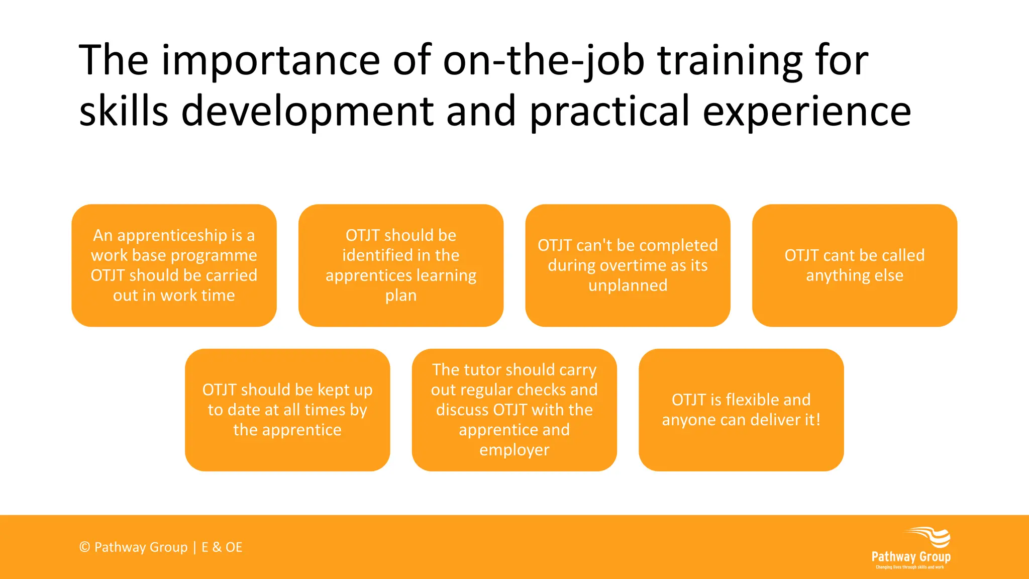 The importance of on-the-job training for
skills development and practical experience
An apprenticeship is a
work base programme
OTJT should be carried
out in work time
OTJT should be
identified in the
apprentices learning
plan
OTJT can't be completed
during overtime as its
unplanned
OTJT cant be called
anything else
OTJT should be kept up
to date at all times by
the apprentice
The tutor should carry
out regular checks and
discuss OTJT with the
apprentice and
employer
OTJT is flexible and
anyone can deliver it!
© Pathway Group | E & OE
 