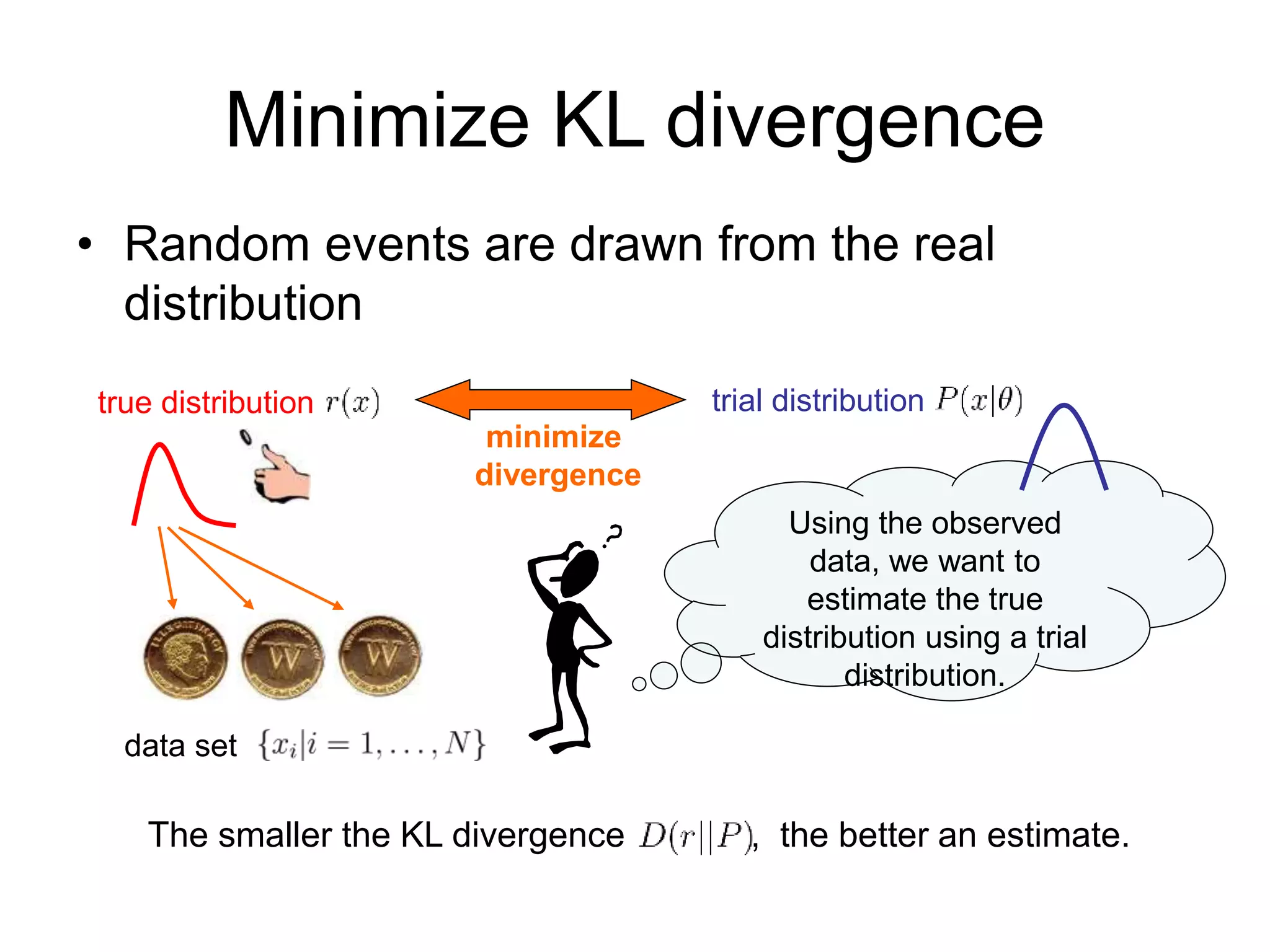 Minimize KL divergence
• Random events are drawn from the real
distribution
true distribution
data set
Using the observed
data, we want to
estimate the true
distribution using a trial
distribution.
trial distribution
minimize
divergence
The smaller the KL divergence , the better an estimate.
 