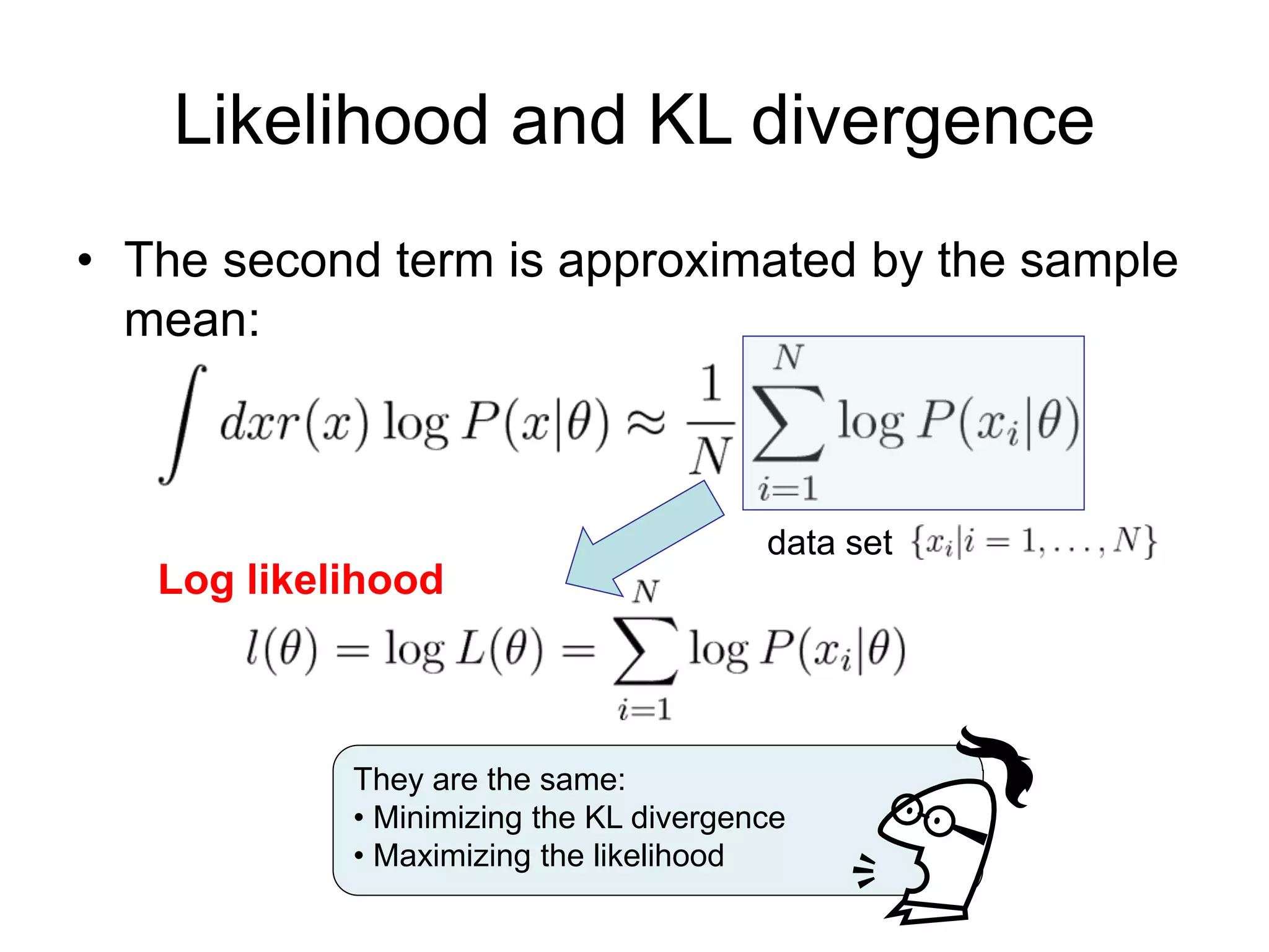 Likelihood and KL divergence
• The second term is approximated by the sample
mean:
data set
Log likelihood
They are the same:
• Minimizing the KL divergence
• Maximizing the likelihood
 