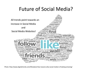 Future of Social Media?
All trends point towards an
increase in Social Media
and
Social Media Websites!
Photo: http://www....