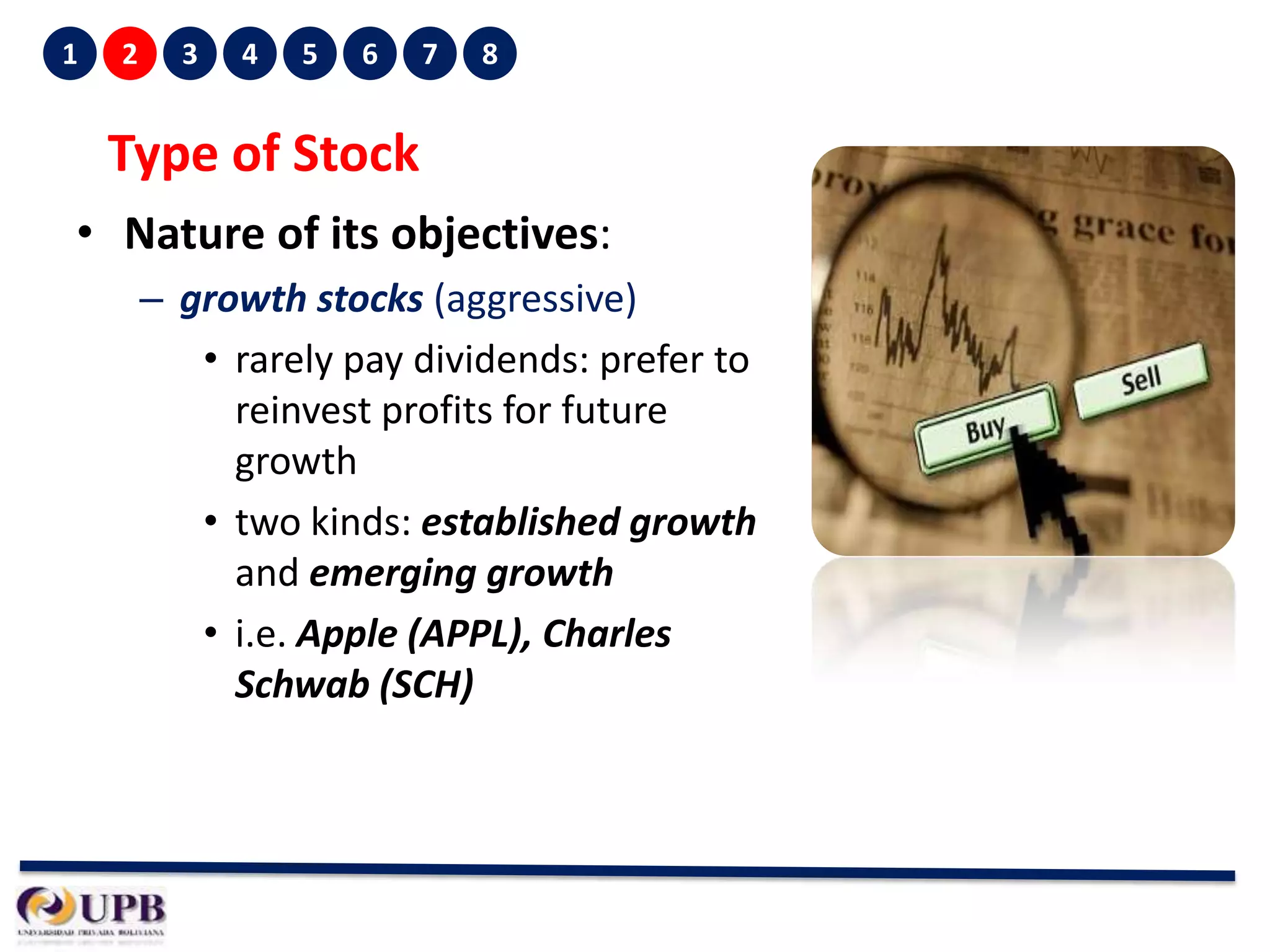 1

2

3

4

5

6

7

8

Type of Stock
• Nature of its objectives:
– growth stocks (aggressive)
• rarely pay dividends: prefer to
reinvest profits for future
growth
• two kinds: established growth
and emerging growth
• i.e. Apple (APPL), Charles
Schwab (SCH)

 