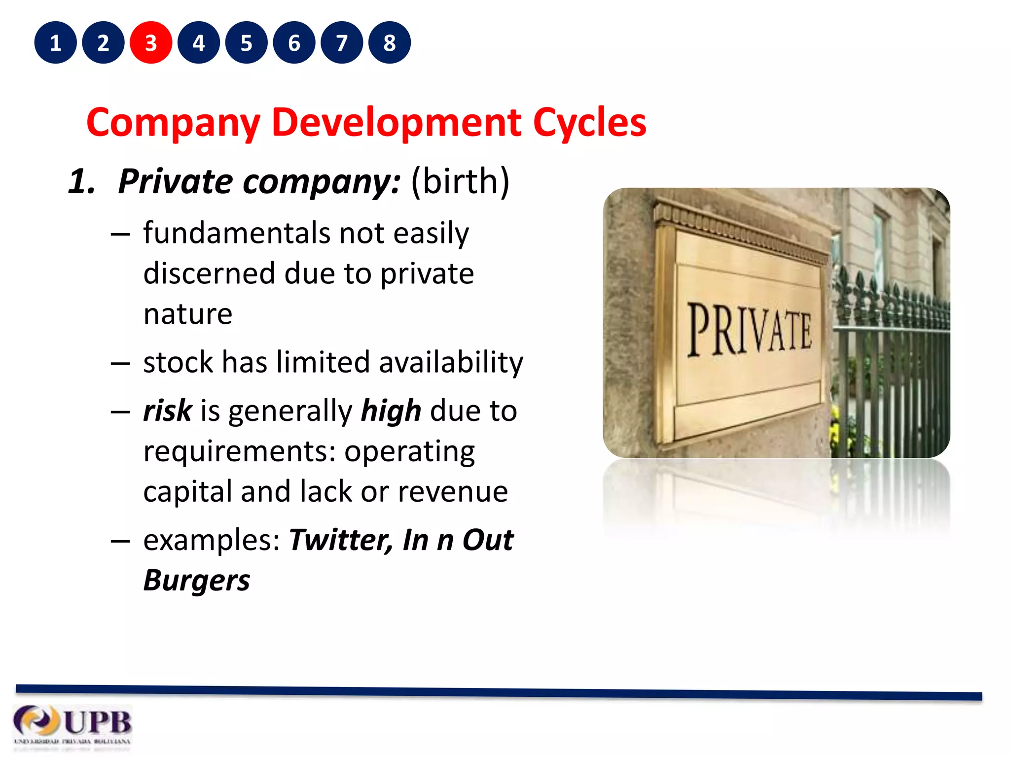 1

2

3

4

5

6

7

8

Company Development Cycles
1. Private company: (birth)
– fundamentals not easily
discerned due to private
nature
– stock has limited availability
– risk is generally high due to
requirements: operating
capital and lack or revenue
– examples: Twitter, In n Out
Burgers

 
