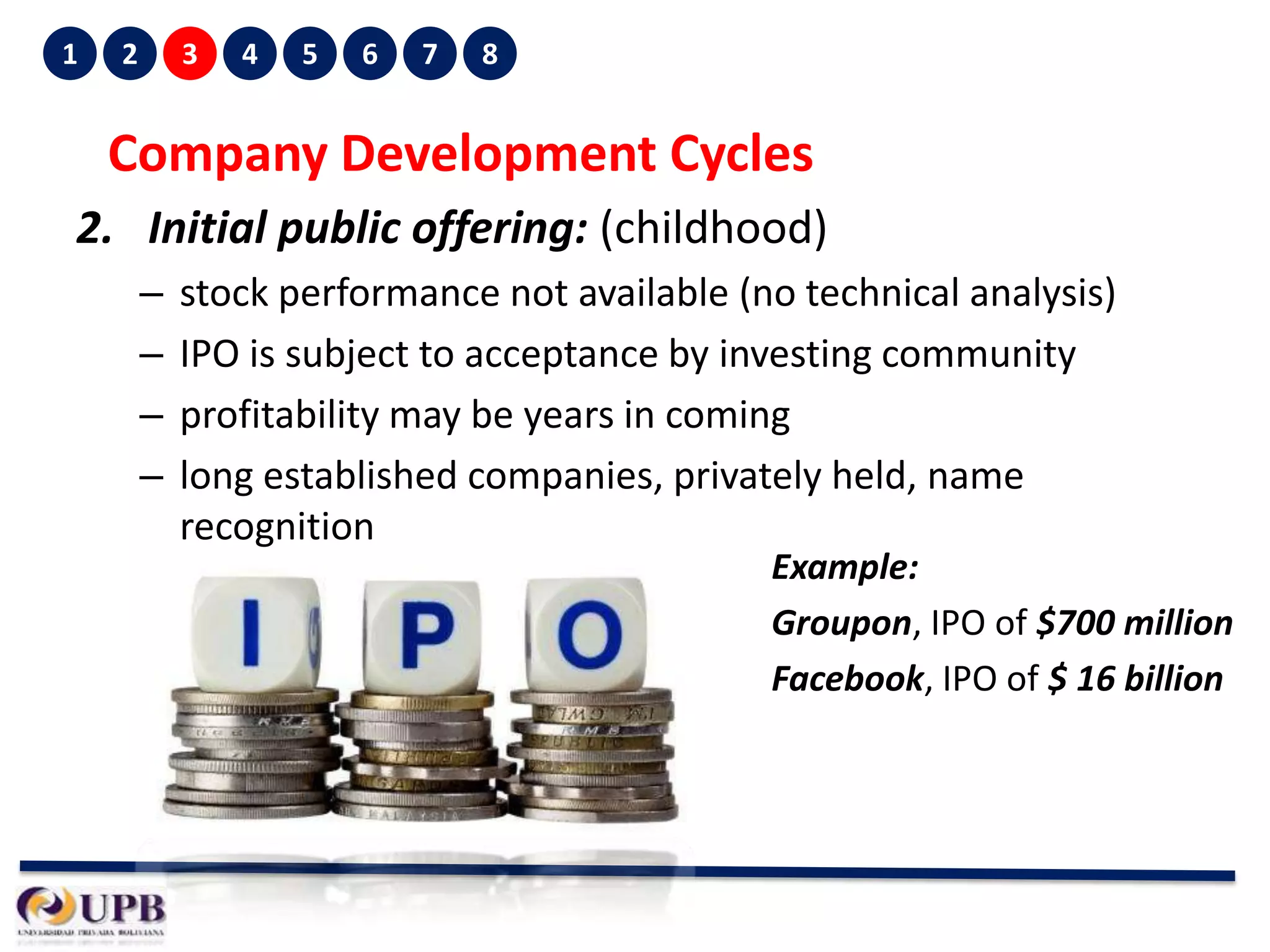 1

2

3

4

5

6

7

8

Company Development Cycles
2. Initial public offering: (childhood)
–
–
–
–

stock performance not available (no technical analysis)
IPO is subject to acceptance by investing community
profitability may be years in coming
long established companies, privately held, name
recognition

Example:
Groupon, IPO of $700 million
Facebook, IPO of $ 16 billion

 